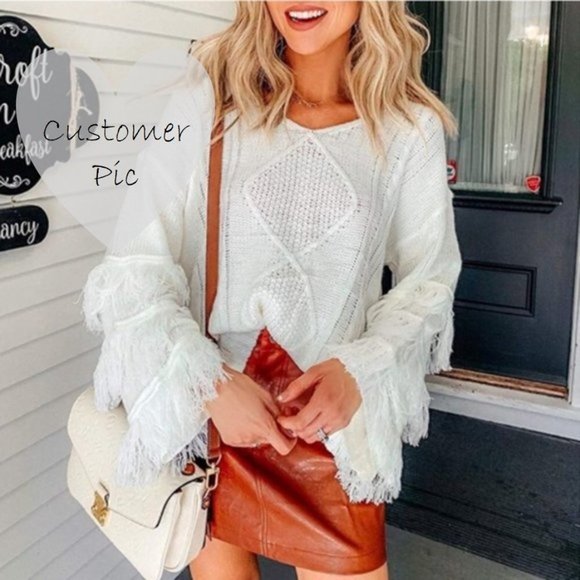 Bohemian Fringe Textured White Sweater - Picture 7 of 8